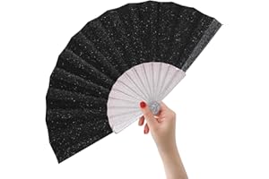 HeyToo 9inch Glitter Women Handheld Fan With Shining Transparent Fan Rib for Wedding,Church,Festival,Dance,Party Prom,Club,EDM Accessory Black
