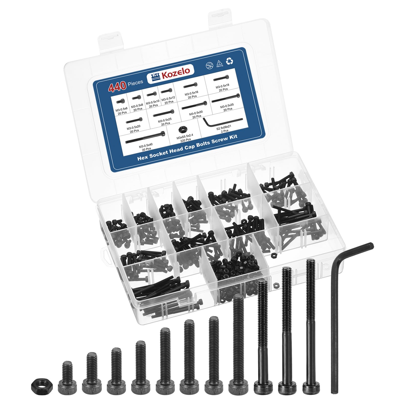 Kozelo 440pcs M3 Socket Head Cap Screws Bolts Nuts Assortment Kit - [M3x6/8/10/12/16/18/20/25/30/35/40mm] Alloy Steel Black Oxide 12.9 Internal Hex Screw for 3D Printer Use,with Wrench — image 1