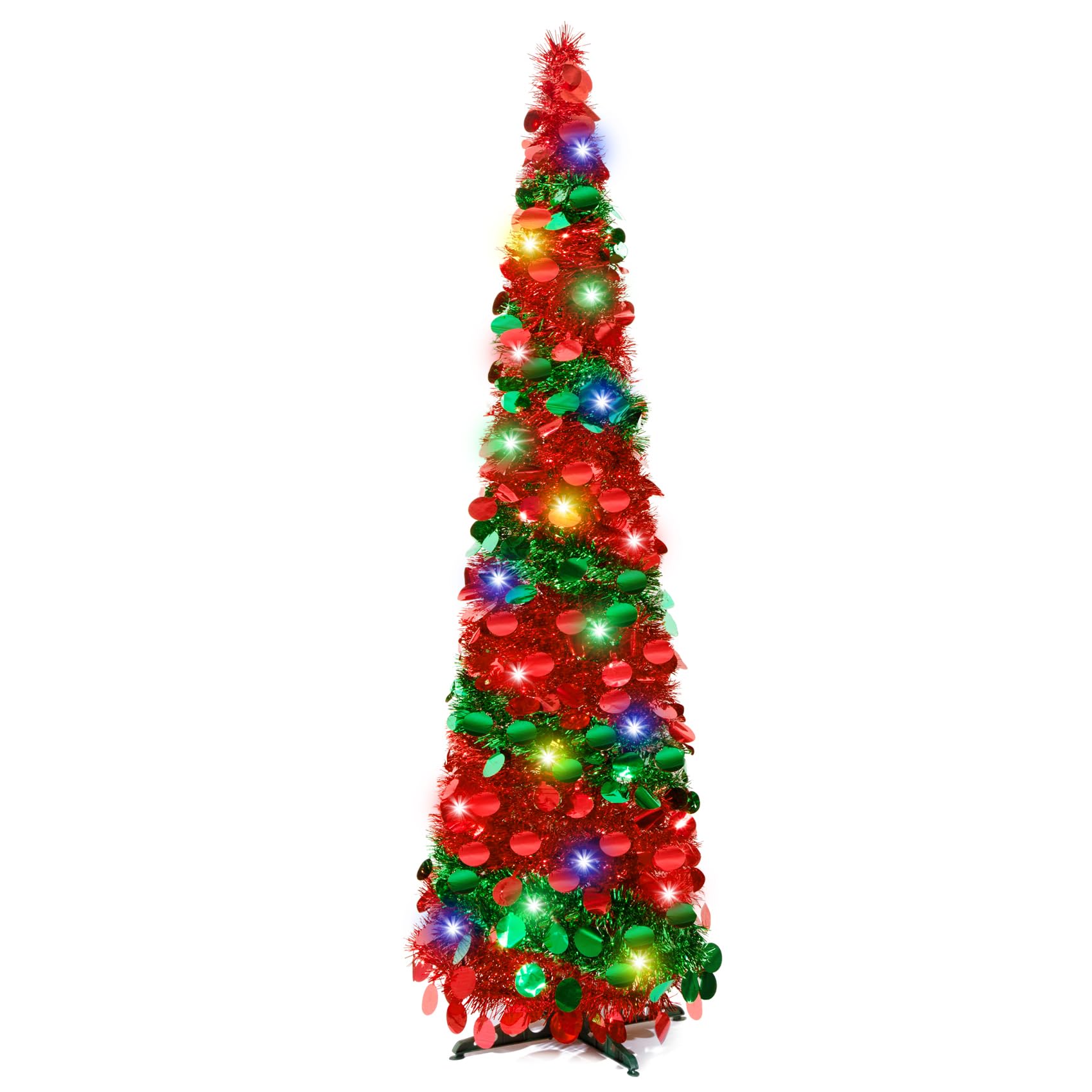 Photo 1 of 5Ft Pop Up Christmas Tree with Lights, Collapsible Pencil Tree Red Green, Skinny Christmas Tree Slim Xmas Tree, Artificial Tinsel Tree Foldable for Home Apartment Holiday Party Winter Decor