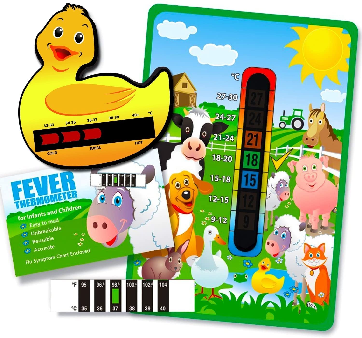 Happy Family Farm Yard Animals Nursery & Room Thermometer - Duck Bath & Forehead Fever Pack for Baby/Child