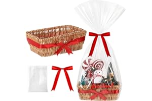 Threehoney Christmas Wicker Gift Basket Empty to Fill 12x7x5" Woven Empty Baskets for Gifts with Bag and Bow Ribbon for Christmas Baby Shower Birthday Wedding Favor Wrapping(Wood Color)