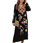 Grosy Boho Embroidered Maxi Dress Long Sleeve Traditional Floral Mexican Peasant Dresses for Women Bohemian Style