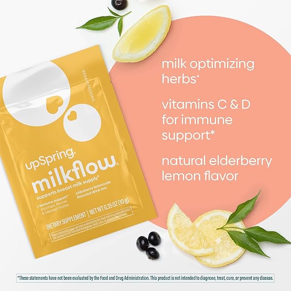 UPSPRING MILKFLOW IMMUNE SUPPORT BREASTFEEDING SUPPLEMENT DRINK MIX FENUGREEK-FREE, MORINGA ELDERBERRY LEMONADE FLAVOR, LACTATION SUPPLEMENT TO SUPPORT BREAST MILK SUPPLY, 16 MIXES