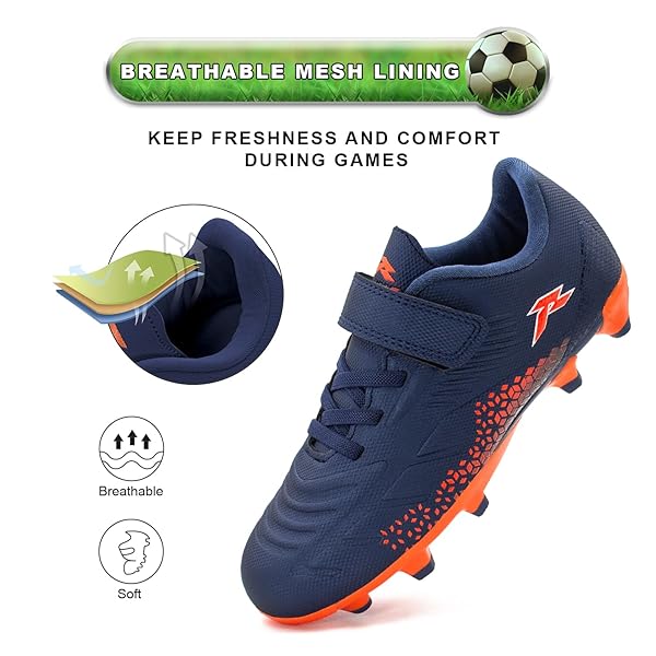 RUNIC KIDS SOCCER CLEATS FOR BOYS AND GIRLS – SMALL AND BIG KID ATHLETIC OUTDOOR FOOTBALL SHOES – FIRM GROUND – HOOK AND LOOP CLOSURE – NAVY/ORANGE – 9