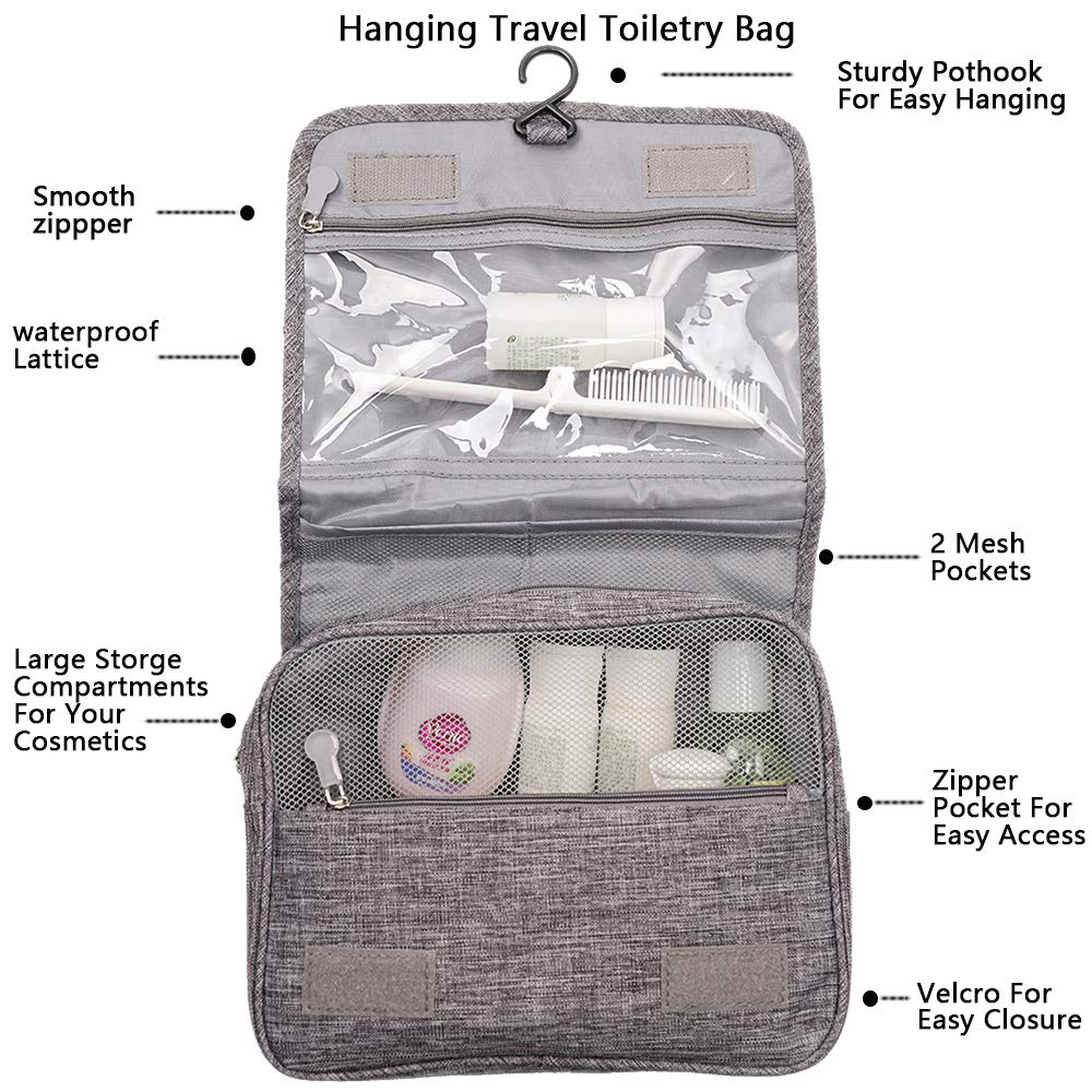 Hanging Toiletry Bag Water Resistant, Travel Wash Bags Cosmetic Bags with 8 Pouches, Bathroom Shower Organizer Portable Durable for Men and Women (Grey)