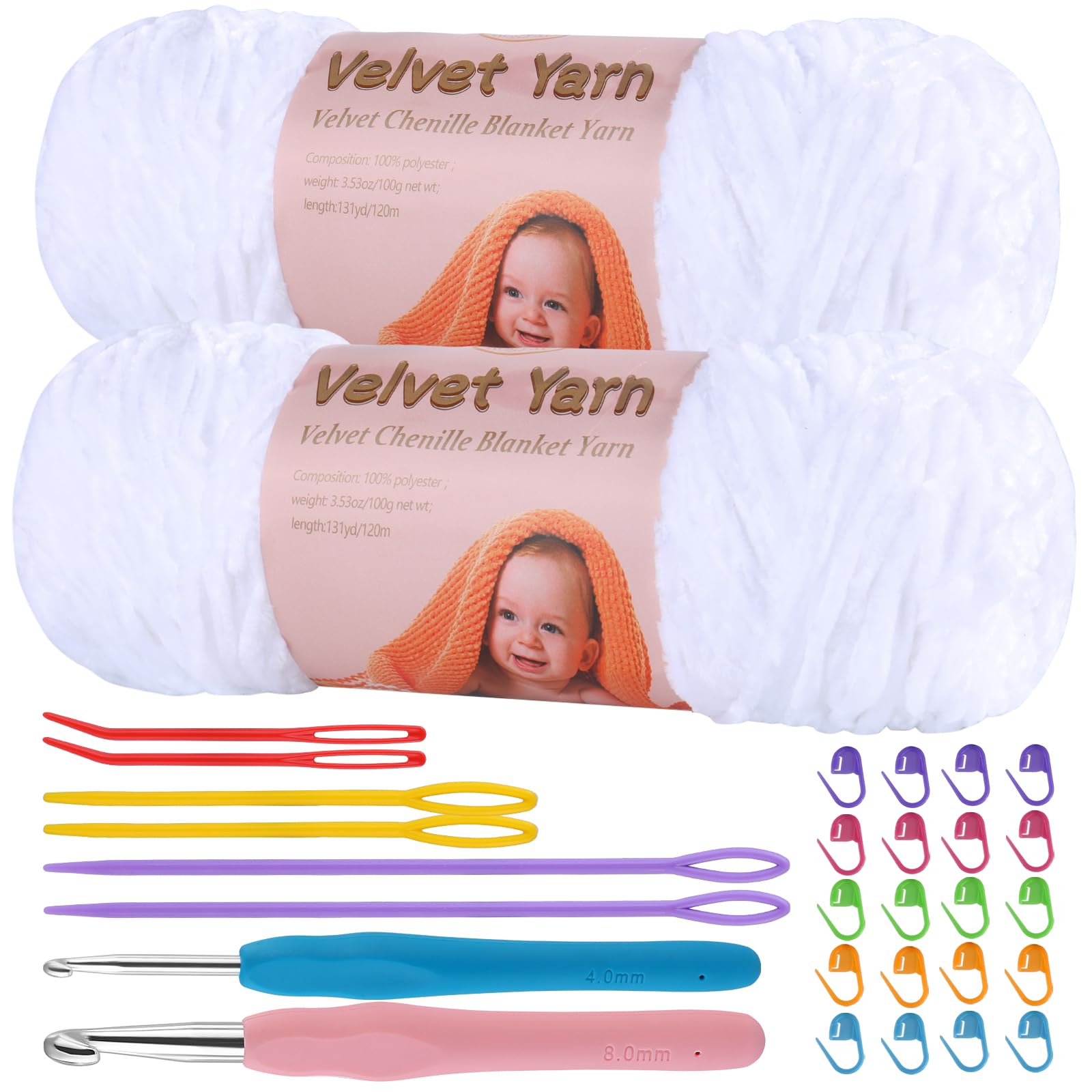 Photo 1 of Kogyxe Soft Velvet Yarn, 2 * 3.5oz Soft Chenille Yarn with Crochet Hooks and Accessories for Knitting and Pattern Knitting Creations (White)