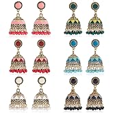 ANATTASOUL 6 Pairs Jhumkas Indian Earrings Vintage Indian Earrings for Women Boho Gold Plated Multicolor Bell Faux Pearl Tassel Dangle Drop Gypsy Bollywood Statement Earring Fashion Jewelry