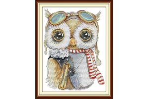 Joy Sunday DIY Cross Stitch Stamped Kits Cross-Stitching for Home Decor, Printed Fabric Embroidery Needlepoint Kit,Easy Pattern Cute Owl