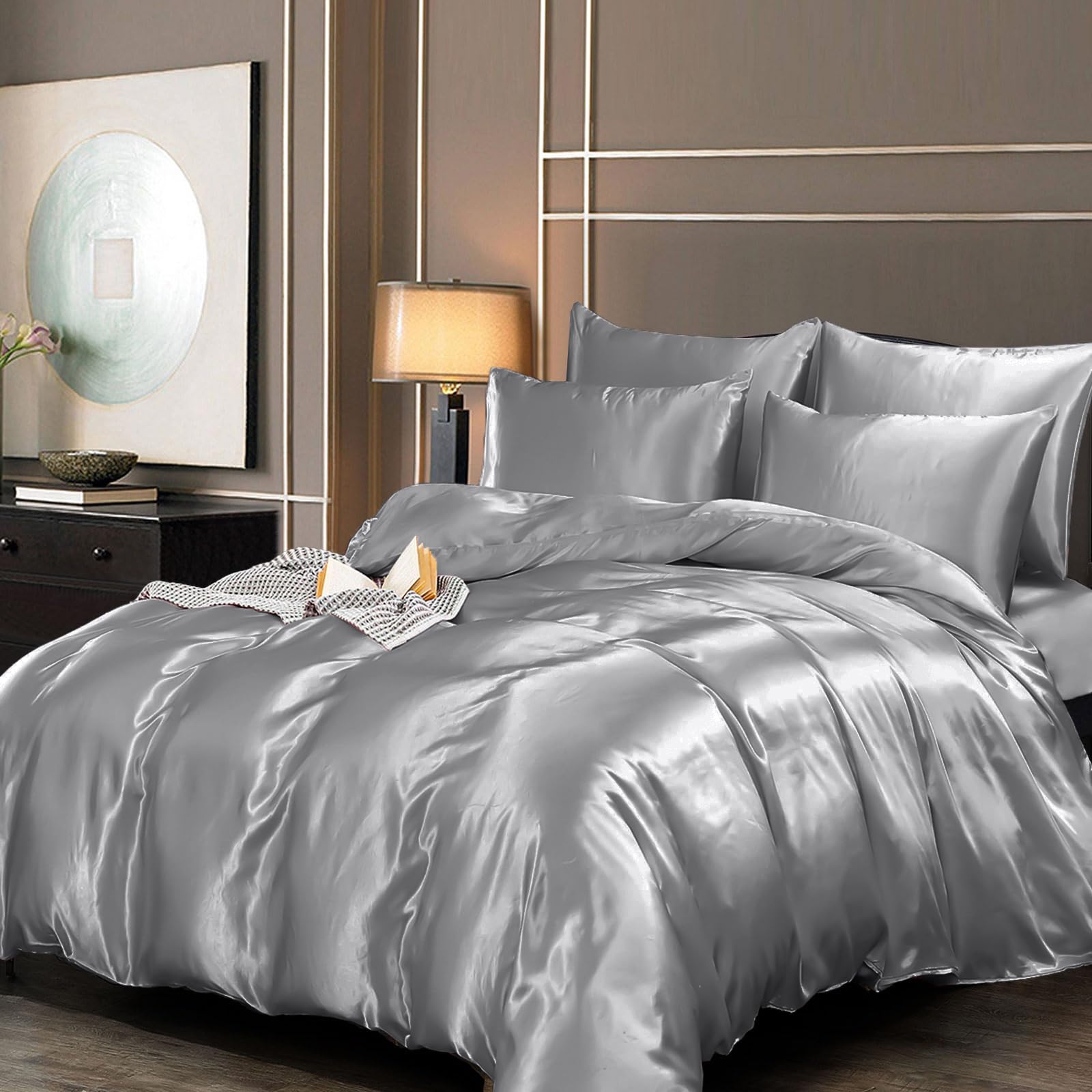 Guchuang Bedding Silk Satin Double Size Complete Bedding Set 6 Pieces Grey Duvet Cover Luxury Style Ultra Soft Microfiber Quilt Cover 200x200cm with 1 Fitted Sheet, 4 Pillowcases — image 1