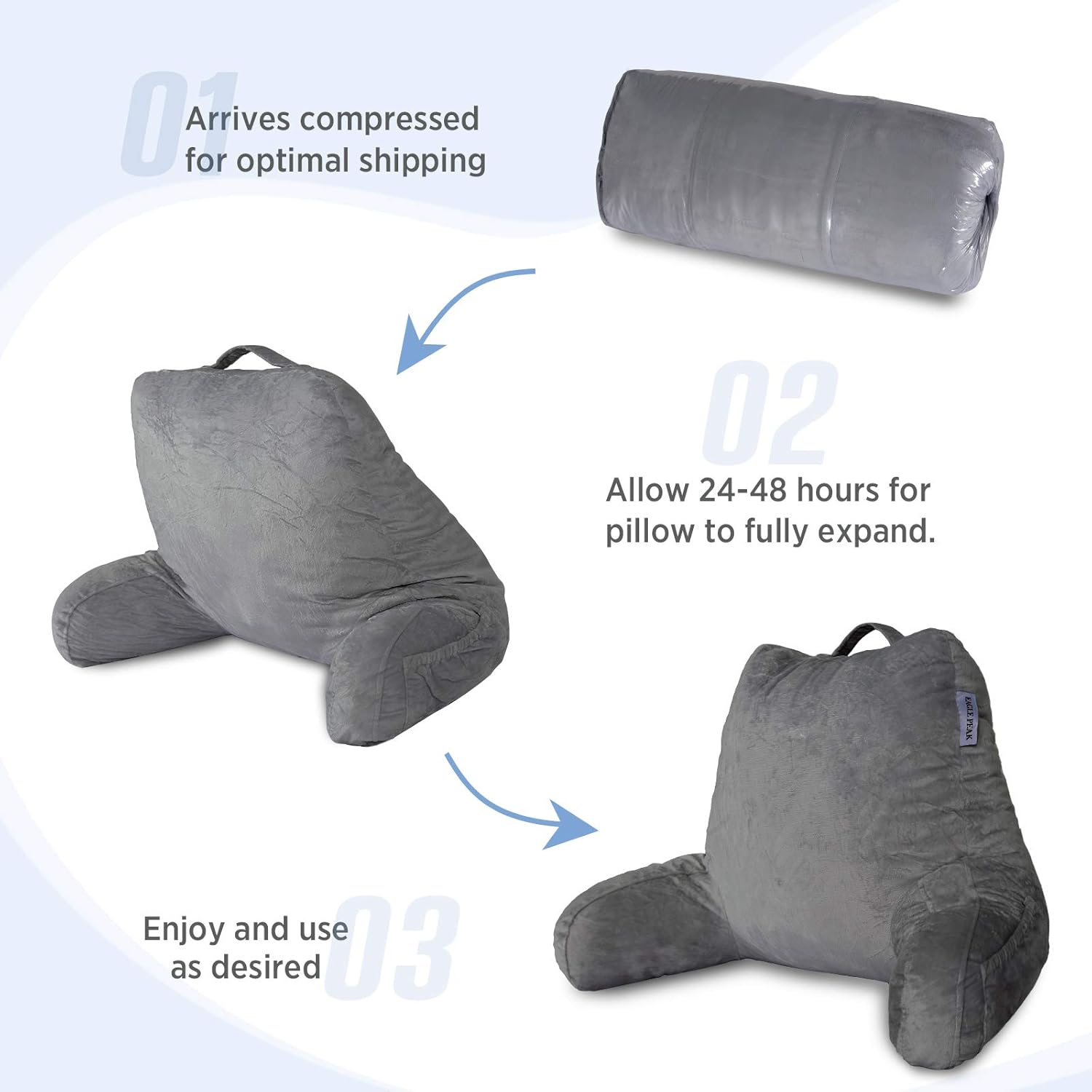 EAGLE PEAK Medium Shredded Memory Foam Reading Pillow, Bed Rest Pillow with Arms and Pockets, Removable Cover, Back Support Cushion for Adults, Teens While Reading, Watching TV, Relaxing (Dark Gray): Kitchen & Dining