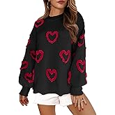 Saodimallsu Womens Heart Sweater Valentines Oversized Cute Winter Chunky Knit Crew Neck Side Slit Pullover Sweaters