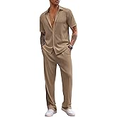 COOFANDY Men's 2 Piece Outfit Casual Short Sleeve Button Down Shirt Beach Summer Loose Pant Sets