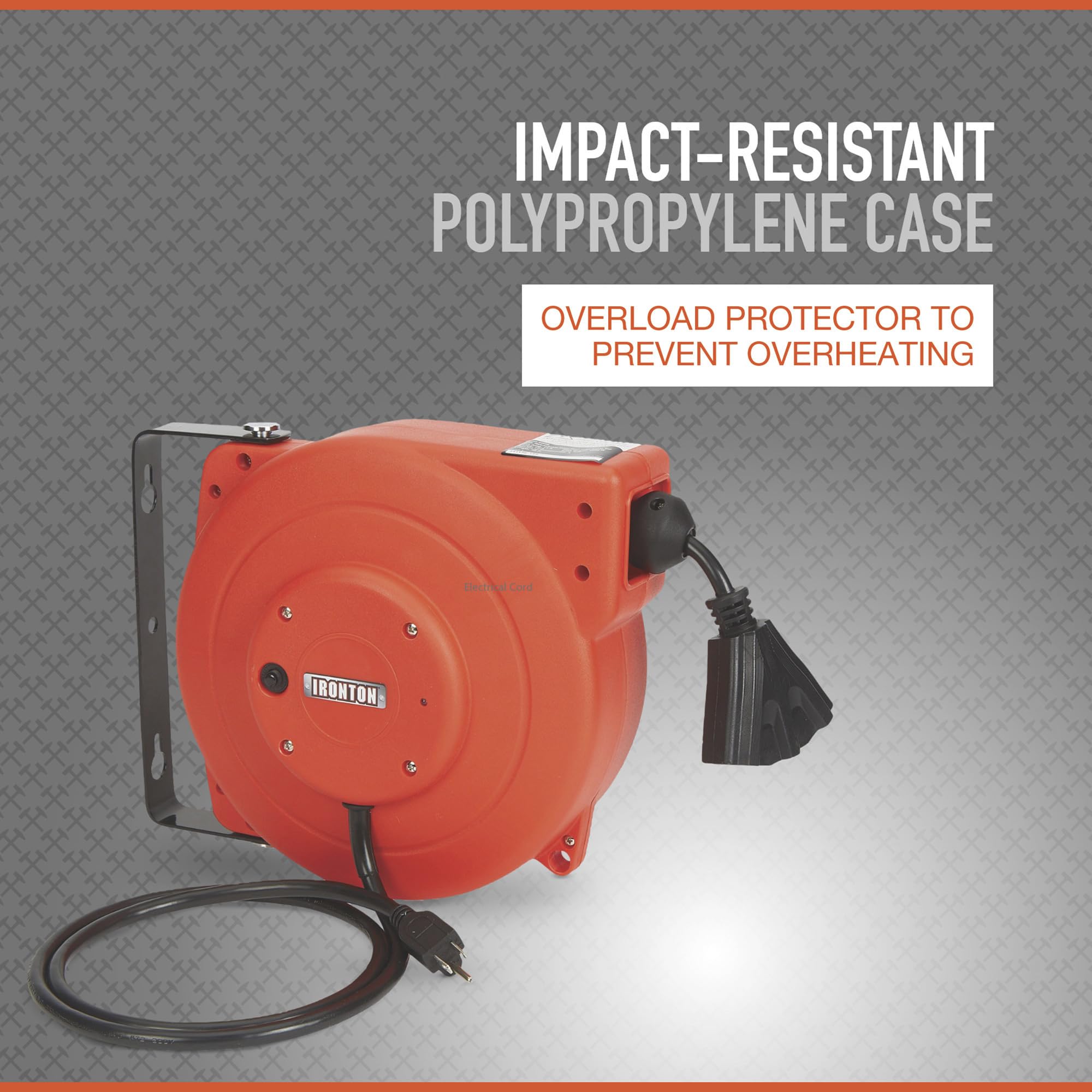 Ironton Retractable Extension Cord Reel 40ft. 12/3, Triple Tap on