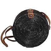 Kbinter Handwoven Round Rattan Straw Bag for Women Shoulder Leather Button Straps Natural Chic Handmade Boho Bag Bali Purse, Black, Large