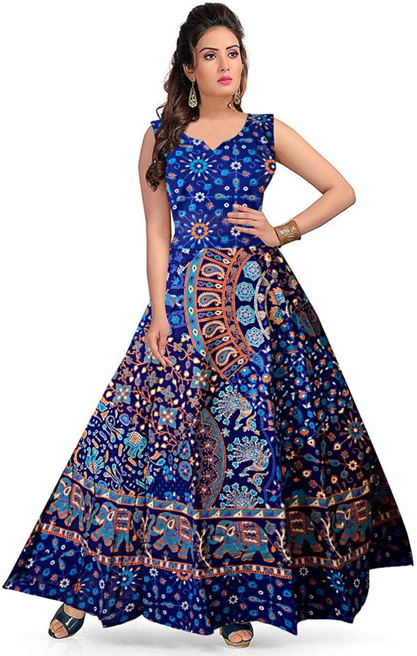 Buy Frionkandy Women S Cotton Casual Flared Jaipuri Traditional One Piece Dress Shku 12 Multicolour Free Size At Amazon In