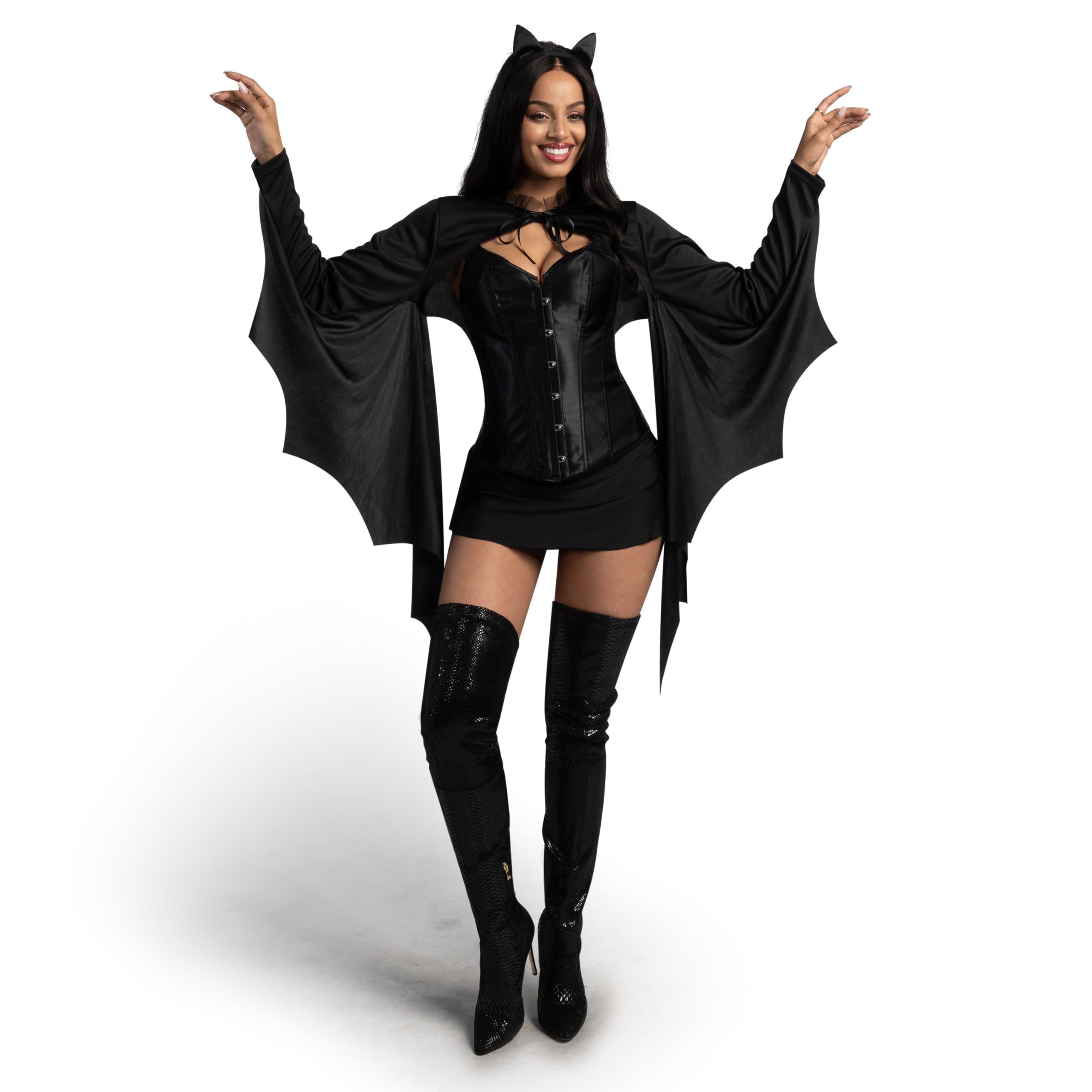 Spooktacular Creations Women Black Bat Shrug with Headband Costume Set, Bat Wing Cape for Adult Halloween Costume-STND
