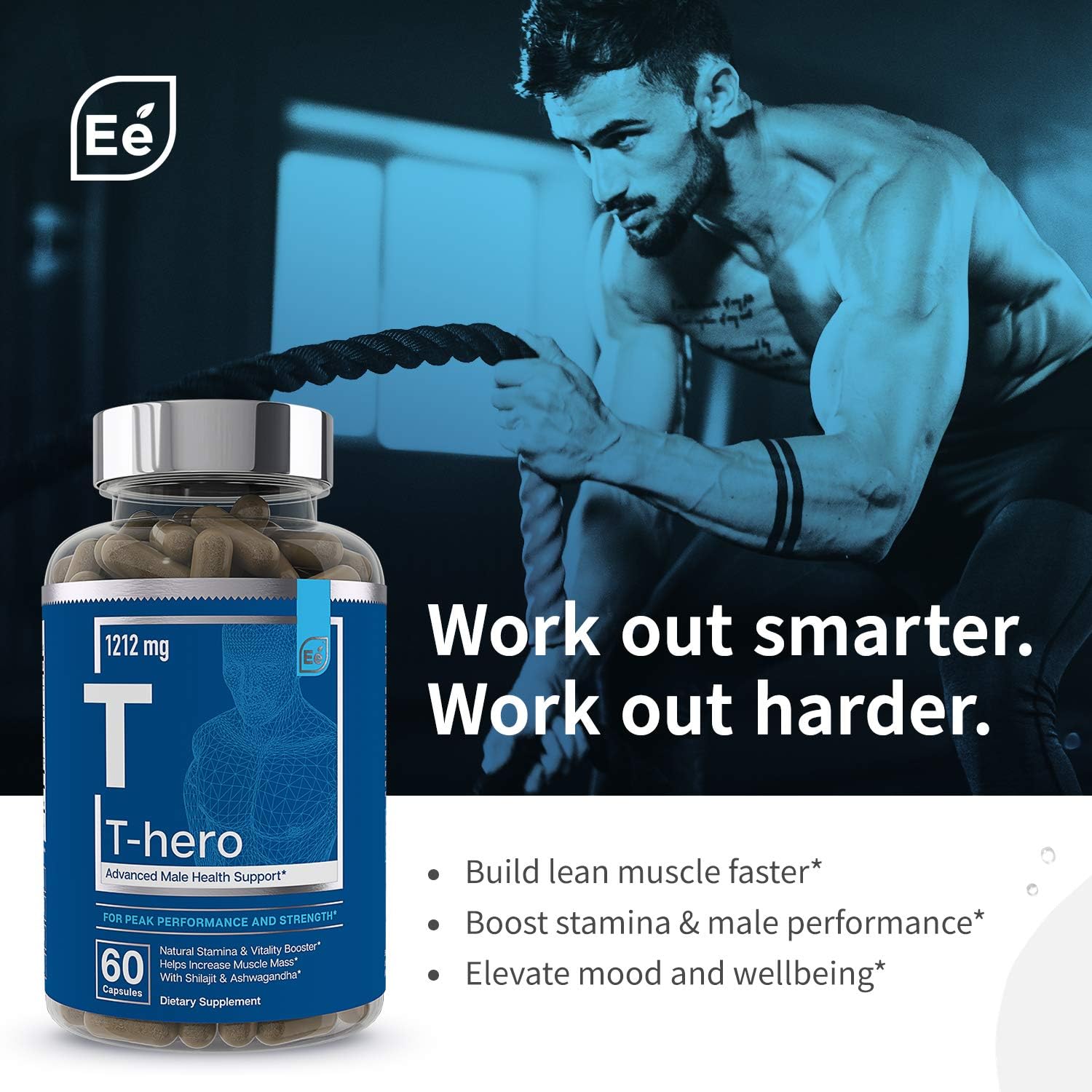 Male Health Supplement - Muscle Builder & T-Booster with DIM, Ashwagandha, Shilajit, More | T-Hero by Essential Elements - 60 Vegan Capsules: Health & Personal Care
