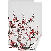 HATESAH 2 Pack Red Cherry Blossom Hand Towels,Microfiber Absorbent Asian Japanese Flower Watercolor Ink Bathroom Towels,Quick Drying Kitchen Towels,Hand Towels for Bathroom,Shower,Guest,Face 14"x28"