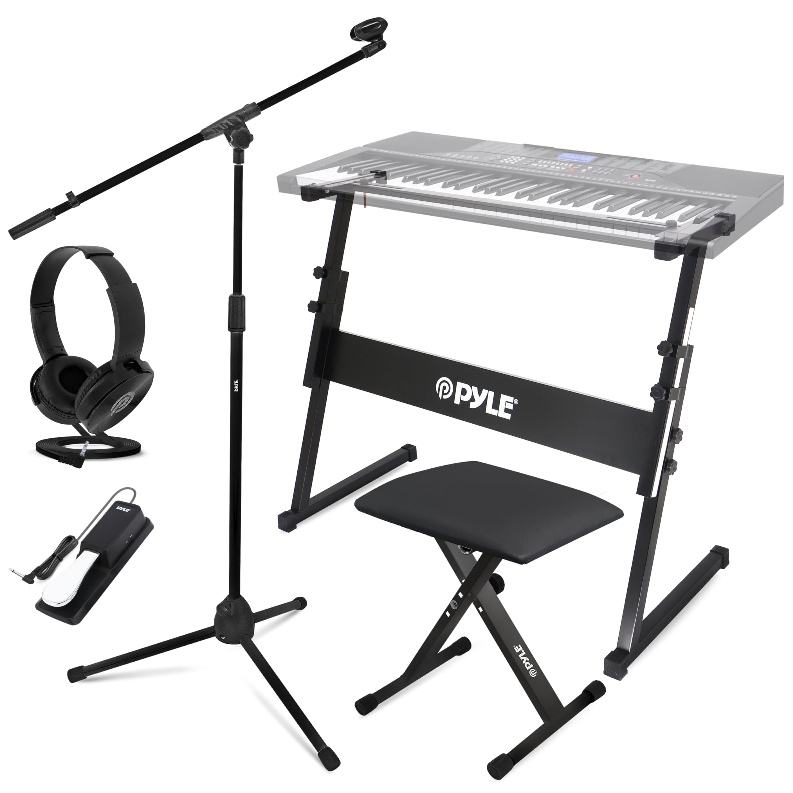 PYLE Heavy-Duty Electric Keyboard Accessories, E Piano Equipment Pack Includes Height Adjustable Z Shape Keyboard Stand, Keyboard Stool, Microphone Stand, Headset, and Sustain Pedal, Black Image