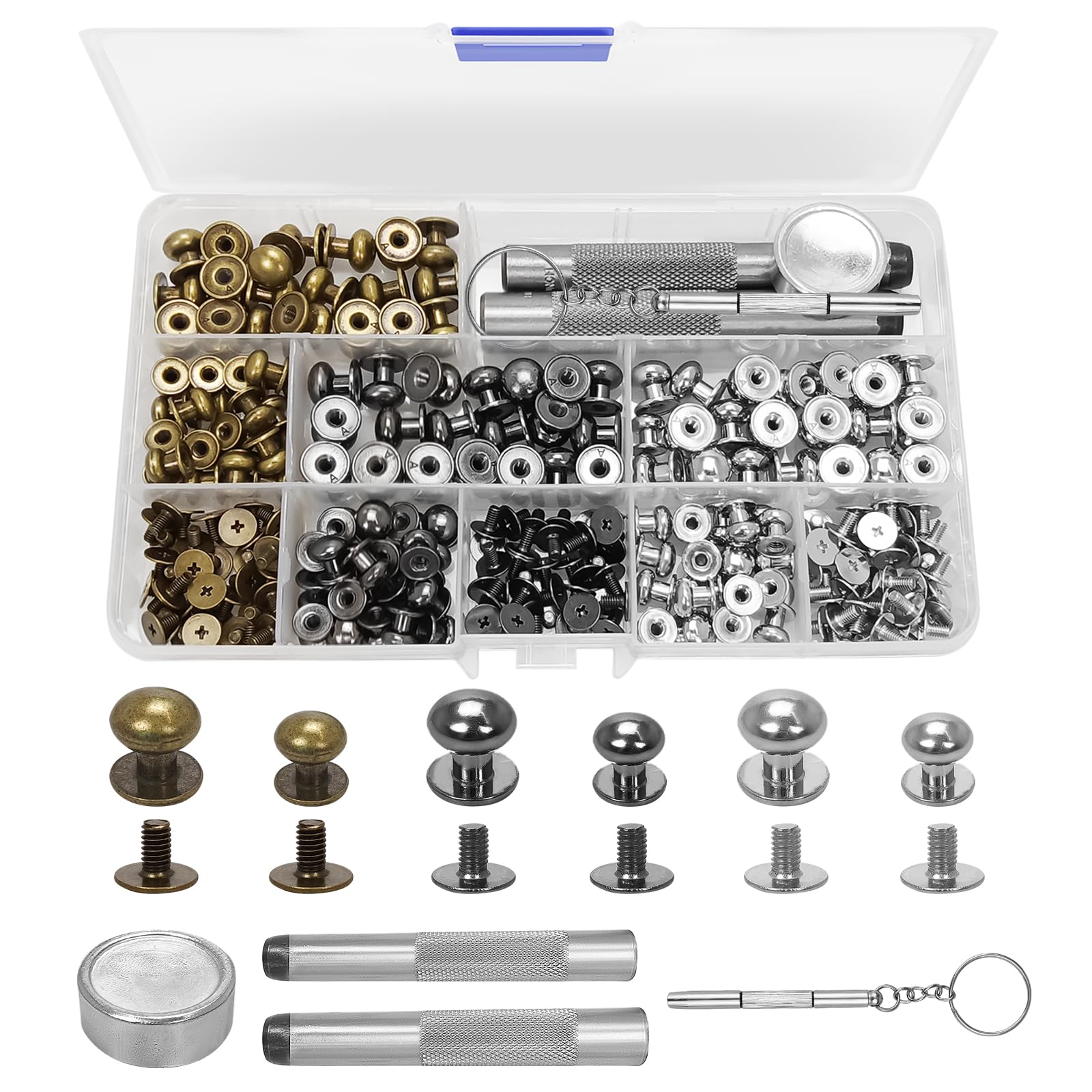 120 Pcs 8 mm/10 mm Round Head Button Stud, Double Cap Rivets, Chicago Screws, Round Head Brass Screw Button, for DIY, Crafts, Leather, Repairs, Jacket, Leather, Bag, Purse