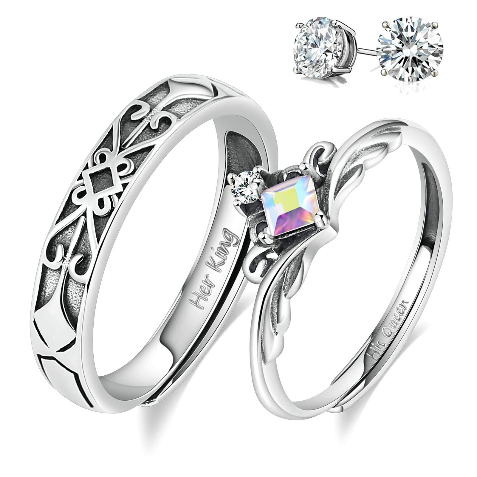 Aeici 925 Silver Promise Rings for Couple Tiara Rings Set for Him & Her Engraved Her King His Queen