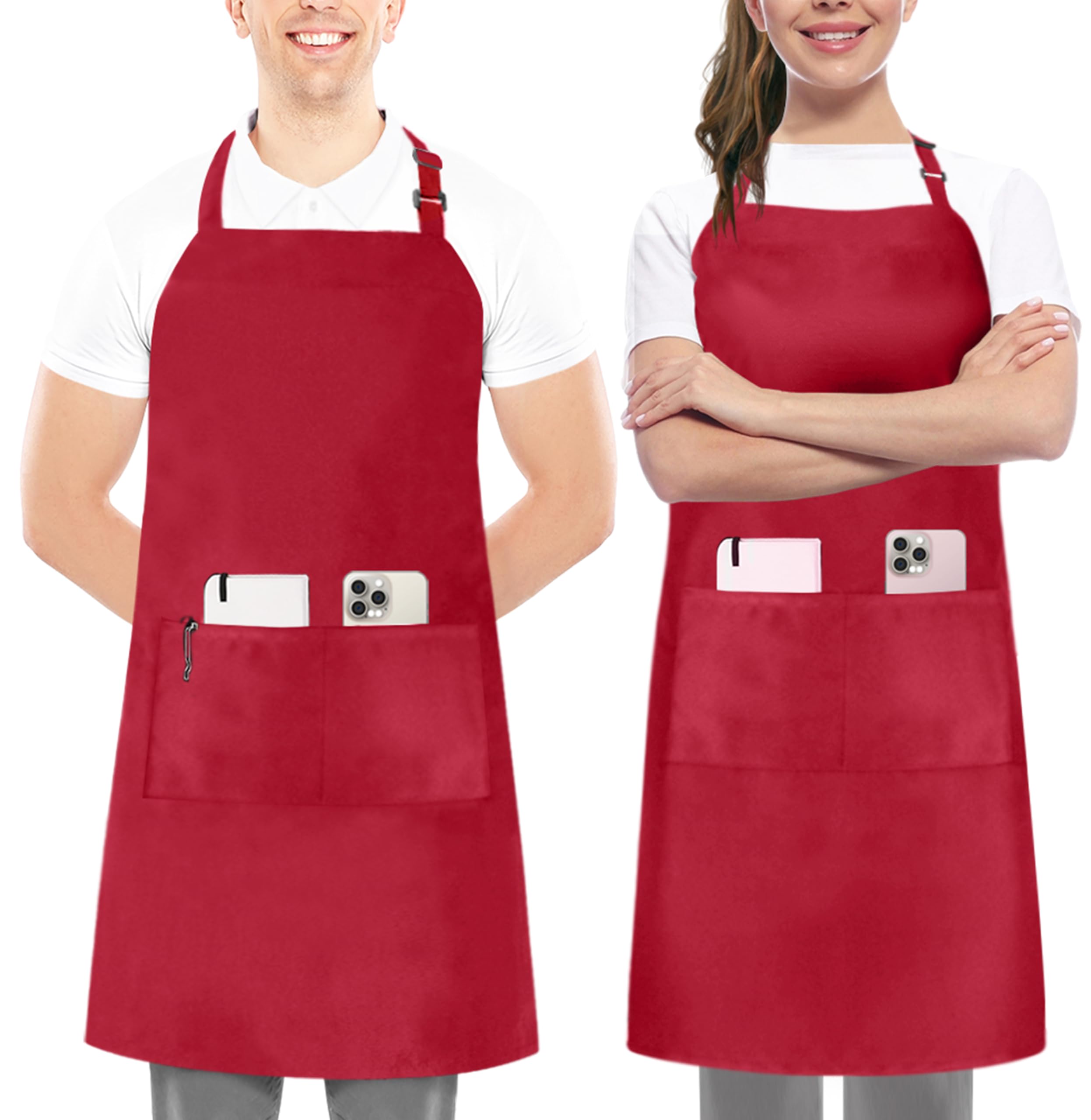Utopia Kitchen Adjustable Bib Apron with 2 Pockets Waterdrop Resistant Chef Cooking Kitchen Aprons Women, Men with Long Ties, Red