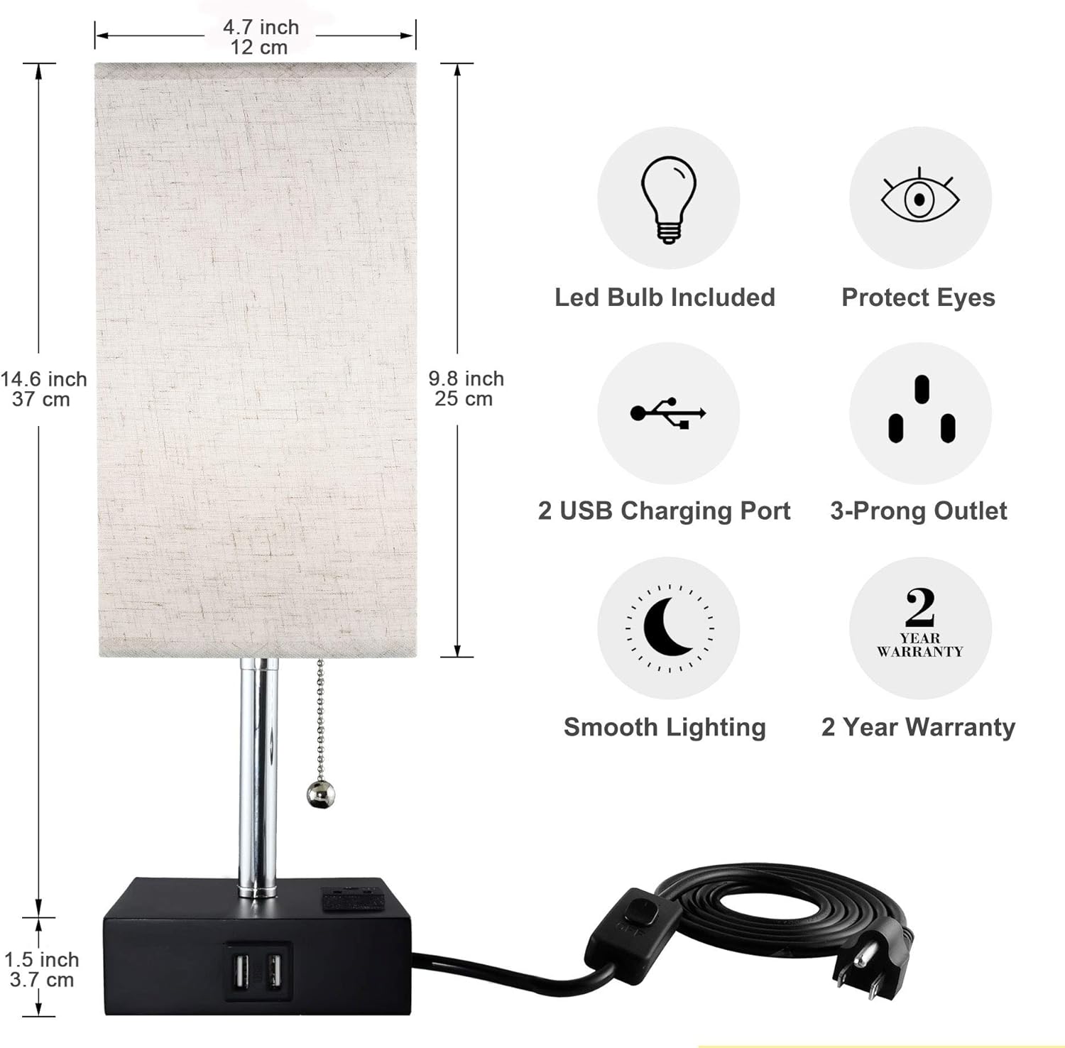 USB Table Lamp, Sailstar Bedside Lamps with Fast Dual USB Charging Ports and Outlet & Warm LED Bulb, Modern Nightstand Lamp with Black Base and Fabric Shade for Bedroom, Living Room, Office - - 