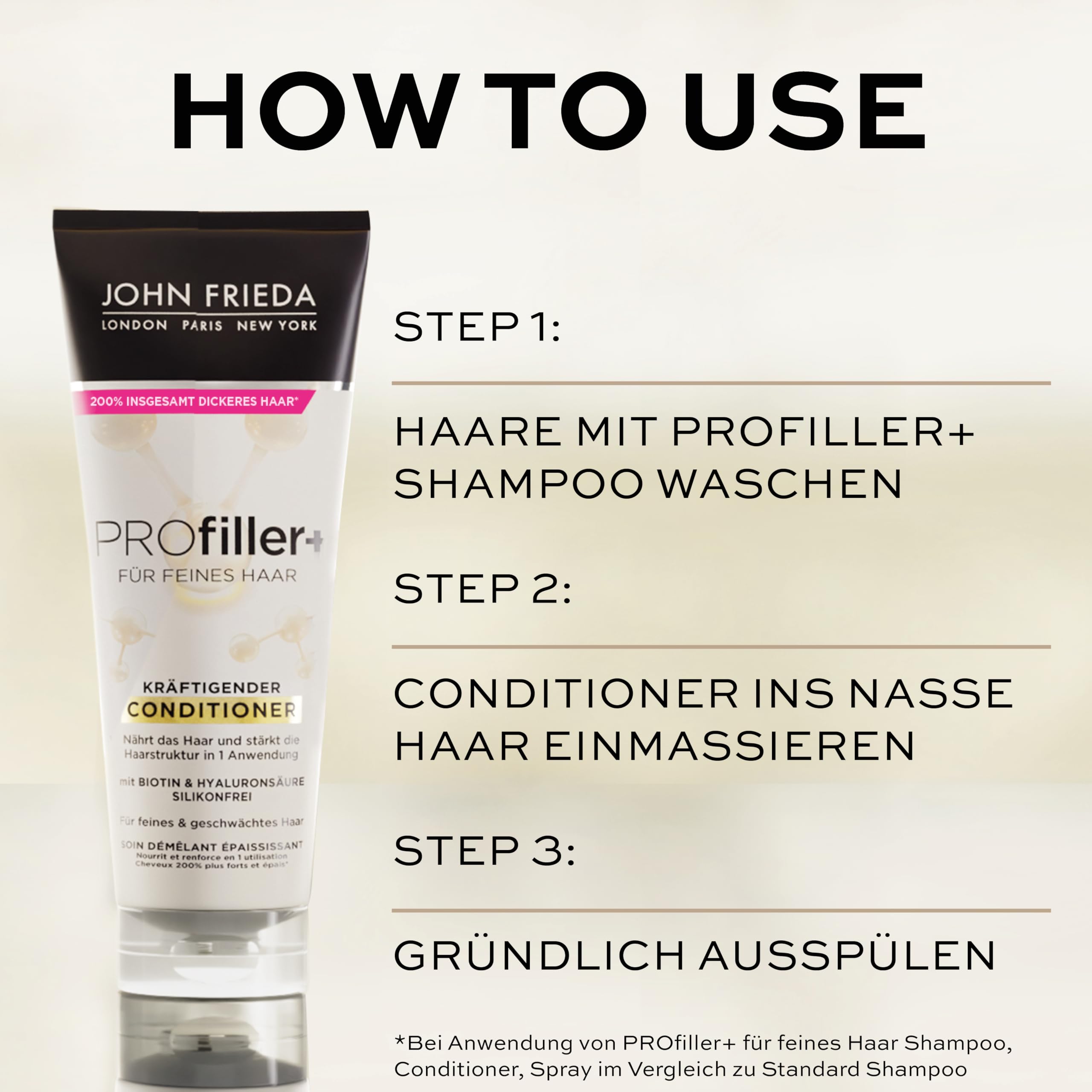 John Frieda Profiller+ Vorteils-Set - Inhalt: Shampoo, 250ml + Conditioner, 250ml + Kräftigendes Spray, 150ml - Für feines Haar - Mit Biotin & Hyaluronsäure 6