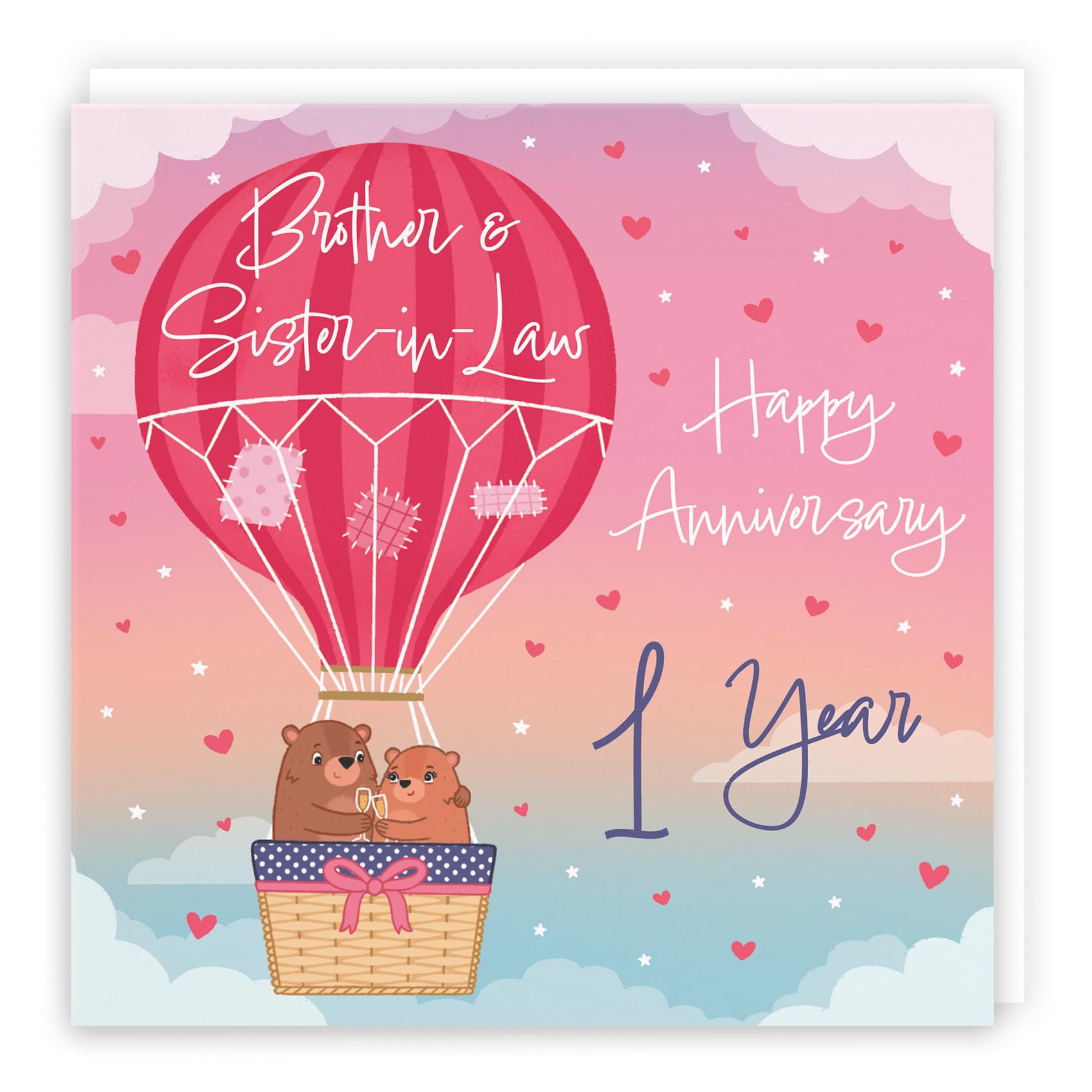 Hunts England - 1st Brother And Sister-in-Law Hot Air Balloon Anniversary Card - Cute Bears Collection - Fun 1st Anniversary Card For Brother And Sister In Law - Champagne And Love Hearts — image 1