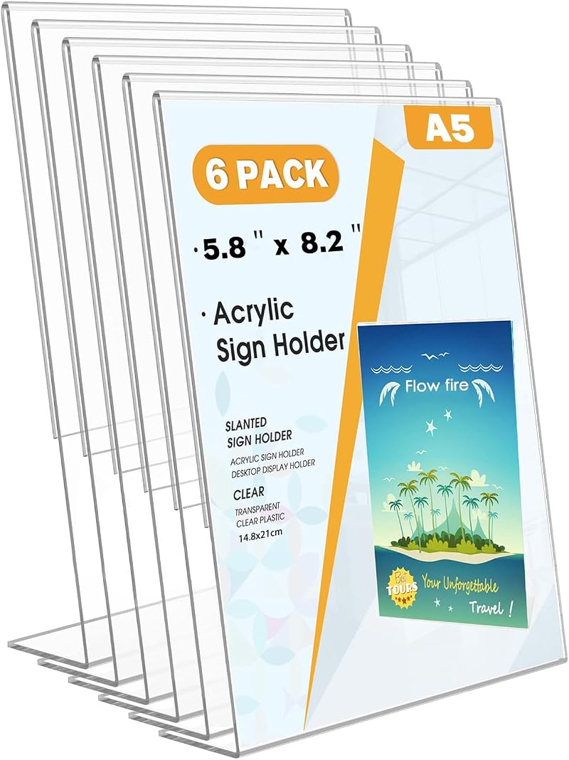 Flow fire A5 Acrylic Sign Holder 6 Pack L-Shape Menu Display Stand