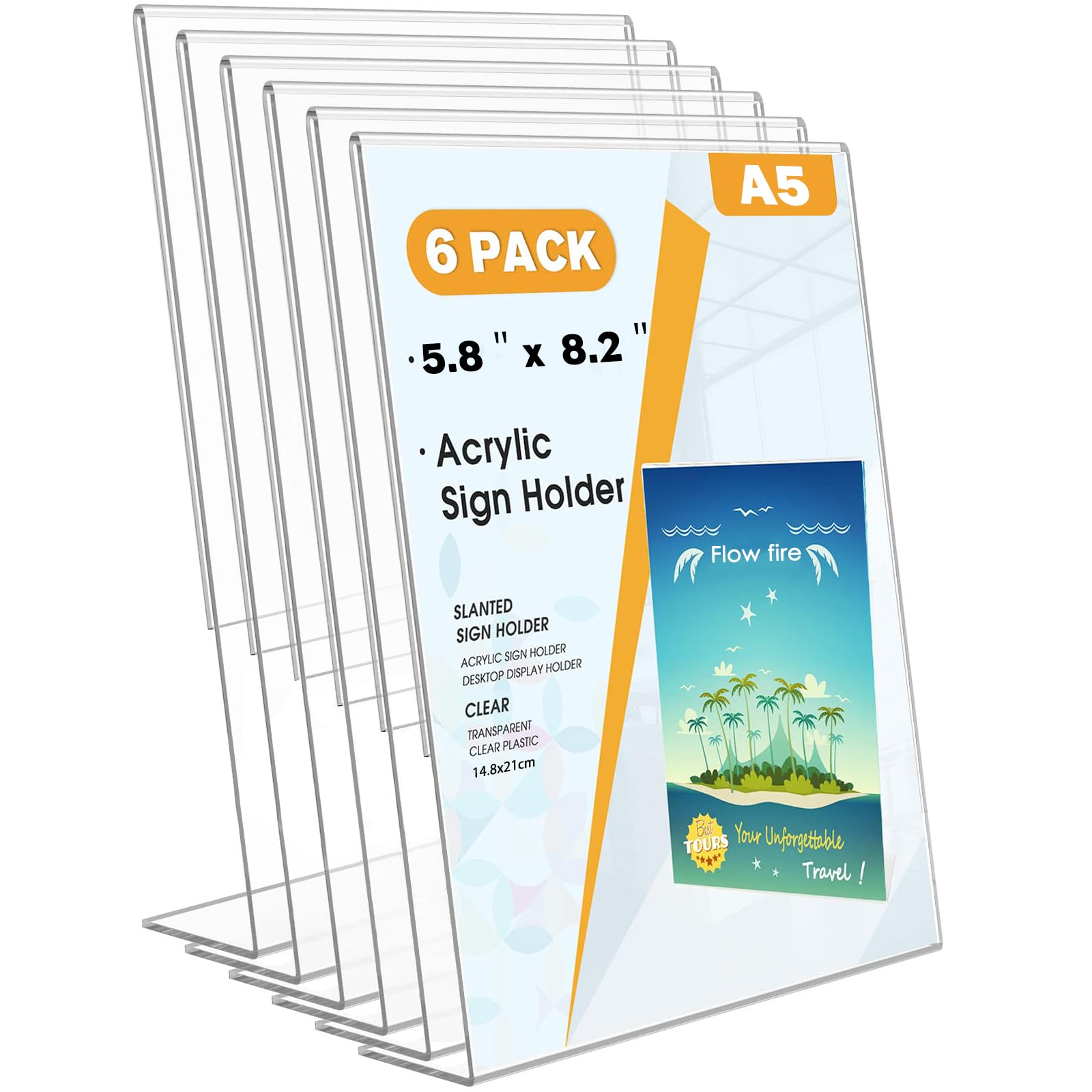 Flow fire A5 Acrylic Sign Holder, 6 Pack L-Shape Perspex A5 Menu Display Stand for Poster, Office Store Restaurant