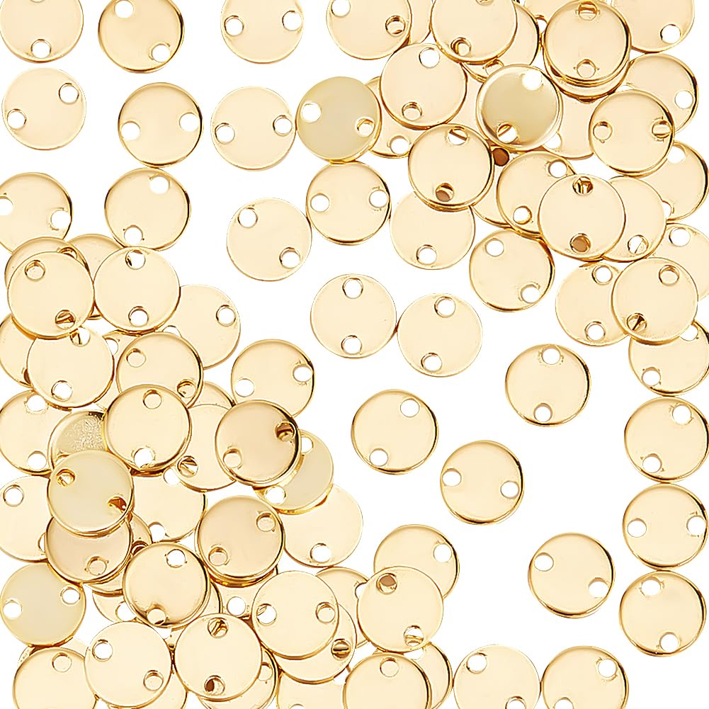 UNICRAFTALE about 100Pcs Real 24K Gold Plated 6mm Diameter 304 Stainless Steel Connector Charms Flat Round Link Connectors Engraving Blank Tag Double Hole Drop Charm Metal Pendants for Jewelry Making