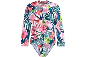 HOOBABE Kids Girls Rash Guard Long Sleeve One Piece Swimsuits Zipper Bathing Suits UPF 50+ Tropical Plant Flowers Ages 3-12
