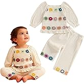 POZMTIORE Toddler Girls Outfits Crocheted Colorful Flowers Long Sleeve Shirt and Elastic Pants Set Baby 2 Piece Clothes