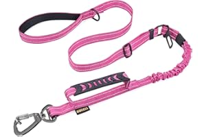 AUBELL Tactical Dog Leash Heavy Duty,4-6ft Reflective Strong No Pull Bungee Leash for Medium Large Dogs with Comfortable Padded Double Handle,Car Seat Belt,360 Degree Rotating Carabiner,Pink