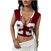 SHENHE Women's Letter Graphic Crop Tank Top Sleeveless Notched Neck Casual Summer Jersey Shirt