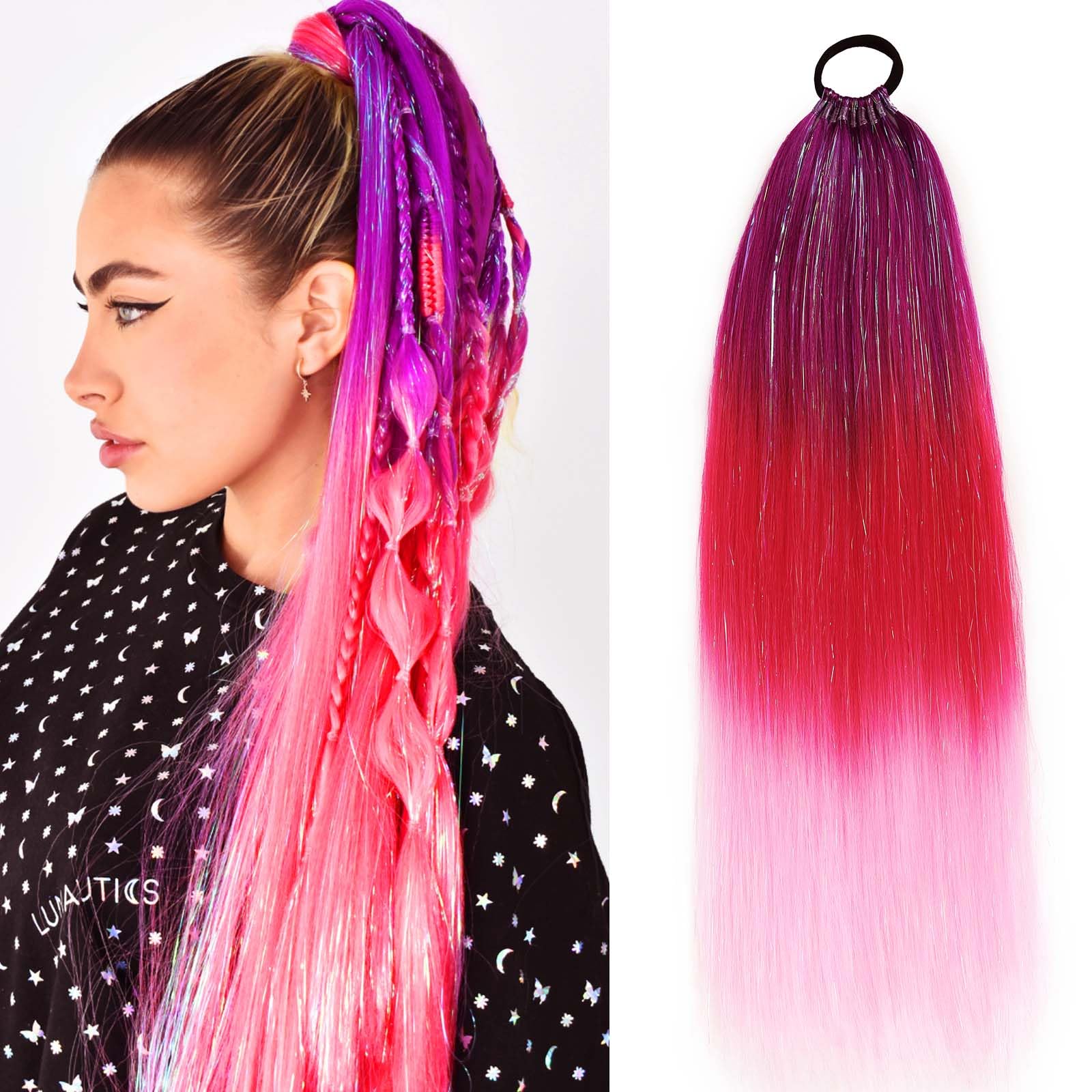Rainbow Ponytail Extensions With Hair Tie 1 Packs Coloured Hair Extensions for Braiding 26 inch Colorful Ombre Mermaid Pony Tail Synthetic Hair Extensions for Girl Women(#3-3) โ image 1