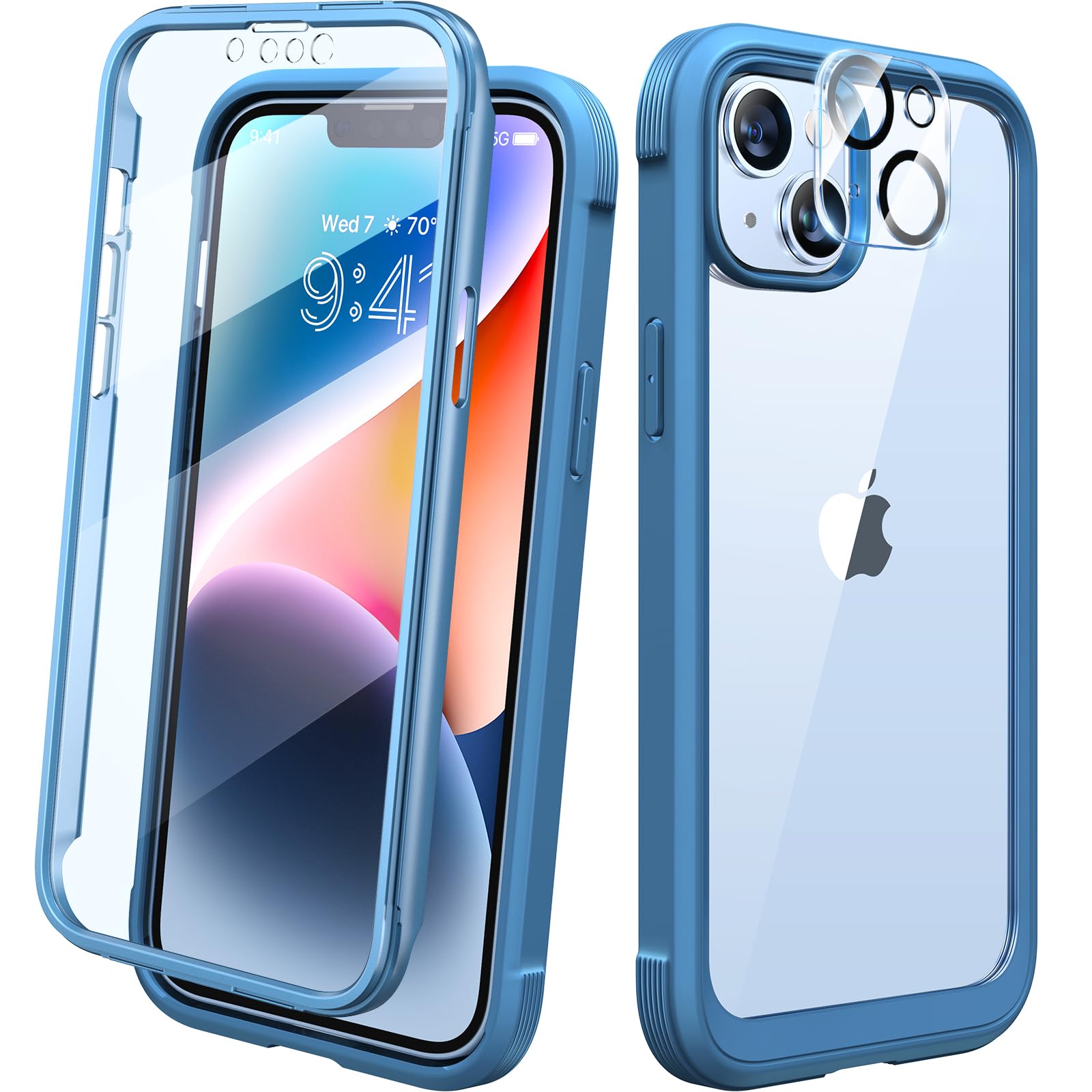 Photo 1 of Diaclara Designed for iPhone 14 Case, Full Body Rugged Case with Built-in Touch Sensitive Anti-Scratch Screen Protector, with Camera Lens Protector for iPhone 14 6.1" (Blue and Clear)