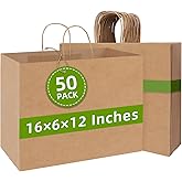 Johuivo Brown Paper Bags with Handles, 50 Pcs Brown Shopping Paper Bags, Recyclable Kraft Gift Bag and Retail Bag for Small Business, Grocery, Party Favors, 16x6x12 Inches