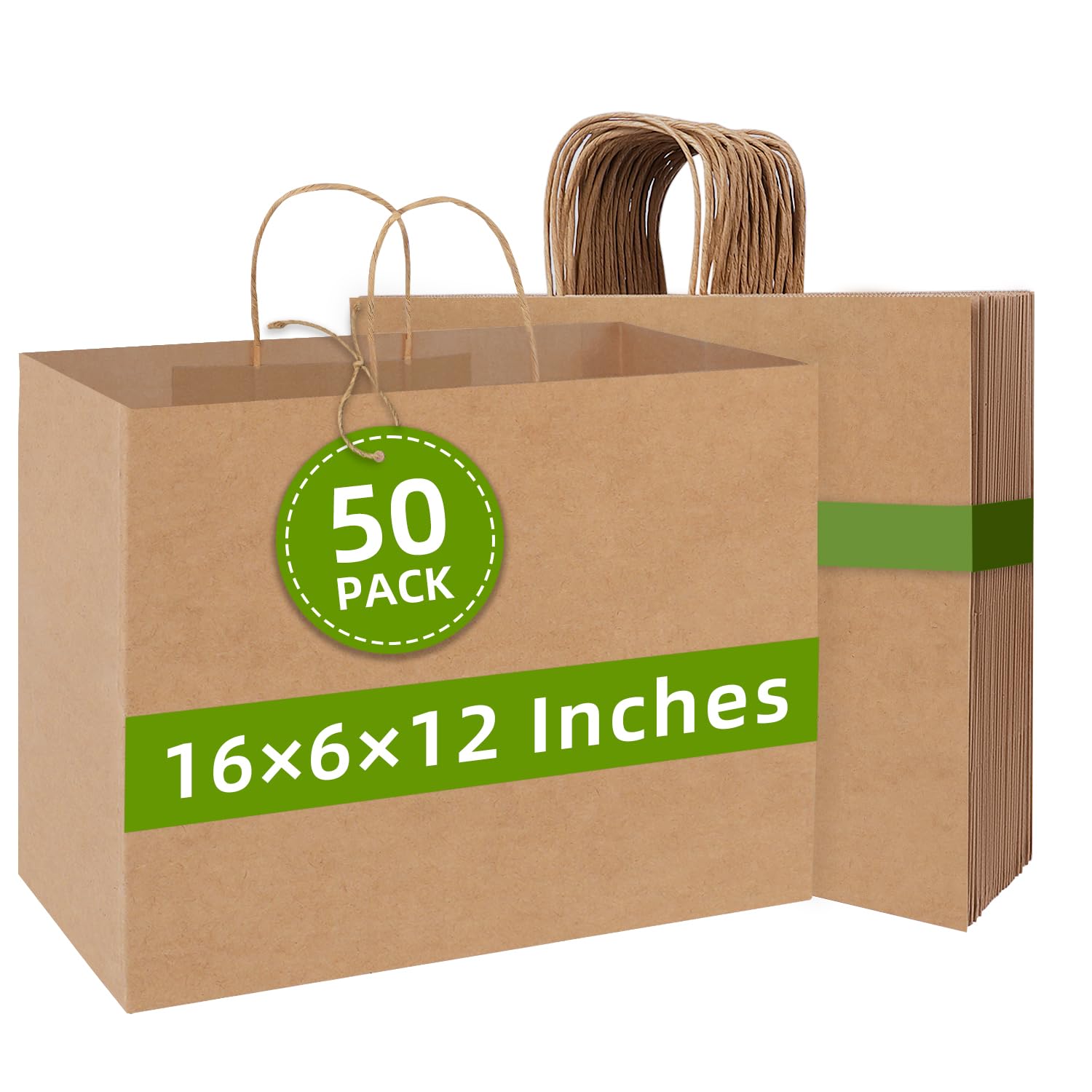 Photo 1 of Johuivo Brown Paper Bags with Handles, 50 Pcs Brown Shopping Paper Bags, Recyclable Kraft Gift Bag and Retail Bag for Small Business, Grocery, Party Favors, 16x6x12 Inches