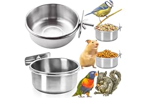 MotBach 2 Pack Bird Feeding Bowls Cups Parrot Food Water Dishes, Stainless Steel Bird Bowl Cup Dish with Clamp, Birdcage Feeder Pet Cage Bowls for Cockatiel Budgie Conure Macaw Parakeet Small Animal