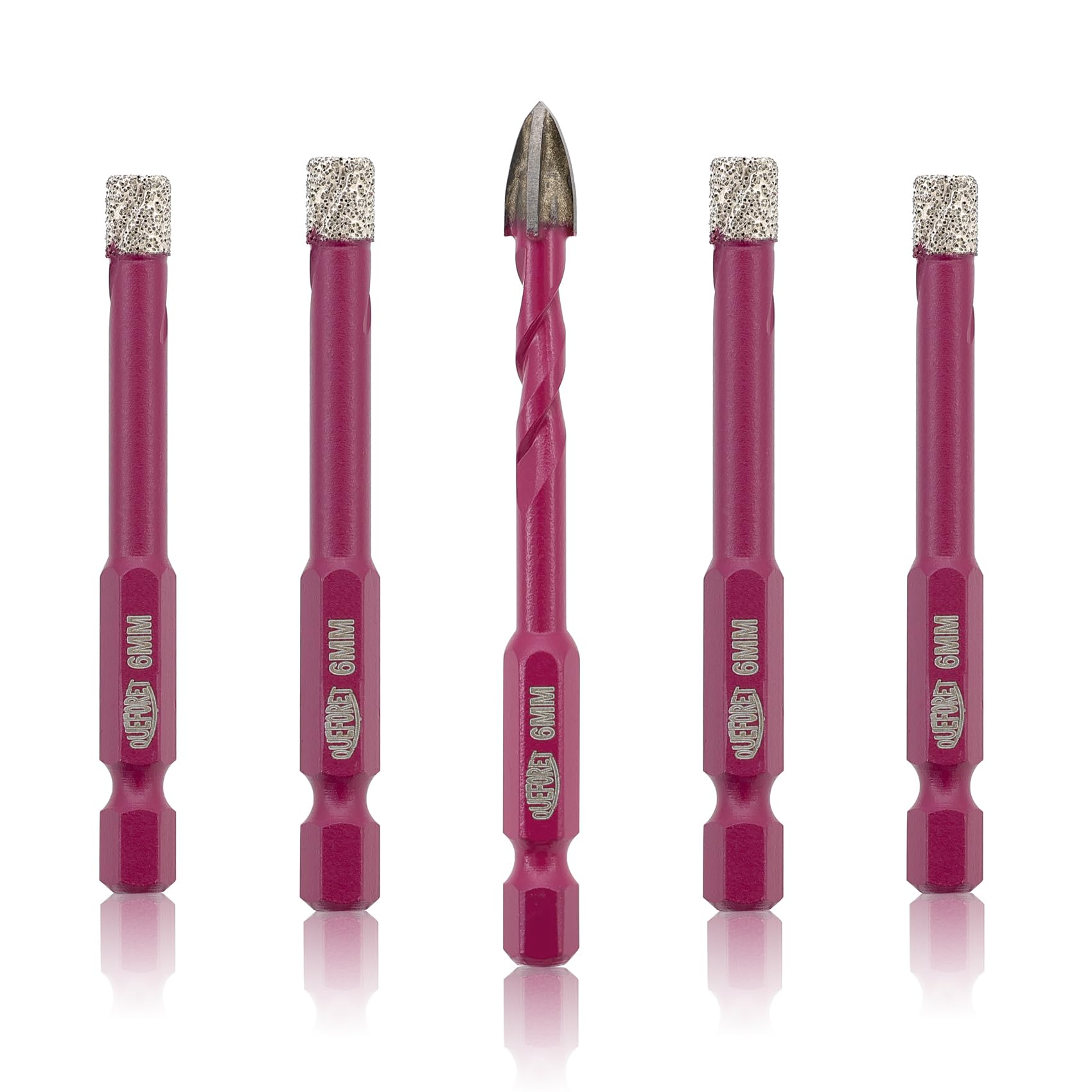 QUEFORET Diamond Drill Bits Set 5pcs - 4pcs 6mm Dry Hole Saw, 1pc 6mm Carbide Bit for Ceramic Porcelain Tile Marble Granite, Quick Change Hex Shank