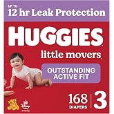 Huggies Little Movers Diapers Size 3, 168 Count (6 Packs of 28) | Double Grip Strips, Blowout Protection, Secure Flexible Fit, Up to 12-Hour Protection, Dry Touch Liner, Wetness Indicator