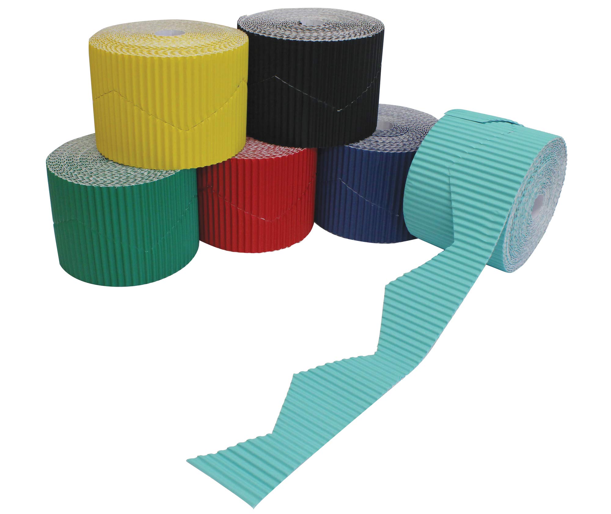 Bright Ideas Corrugated Border Rolls for School Displays, Zig-Zag Assortment, 6 Pack, 57mm x 7.5m (15m When Split), BI7880