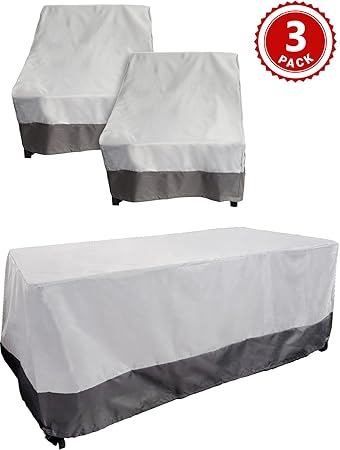 Reusable Revolution 3 Piece Outdoor Deep Chair and Table Cover Set - Patio Furniture Weather Protection Cover Set by (Grey w/Dark Grey Trim)
