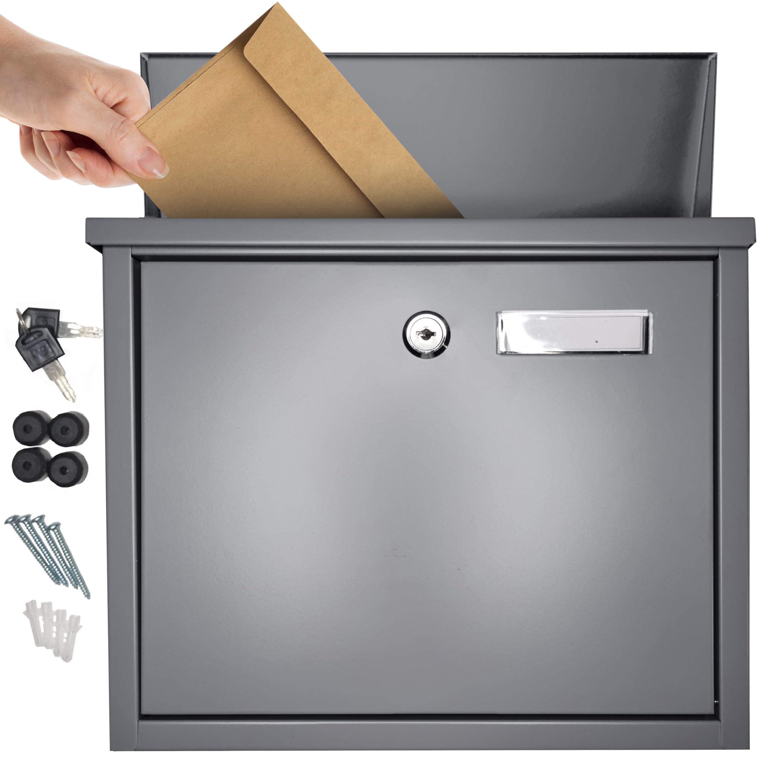 FURNISHED Wall Mounted Letter Box - Large Mail Outdoor Post Box Weather Resistant Postbox for Outside Wall Galvanized Steel Lockable Letterbox Top Loading Mailbox with Cylinder Lock, Grey Gray