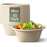 Homestockplus 48 Oz Disposable Bowls - Heavy Duty and Compostable Bowl - Made from Sugarcane and Bamboo Fibers, Microwave Safe - Large Paper Bowl for Soup, Salad, Ramen, Popcorn, etc. [50 Pack]
