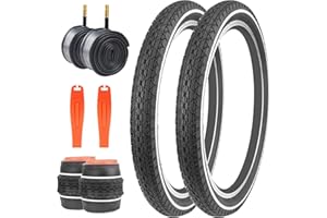 Balinge 20"/24"/26" x 2.125" Folding Replacement Bike Tires for Beach Cruiser Bike，Bicycle Tires for Commuter Bikes，White Wall，1/2Tires & 1/2 Tubes & 2 Levers