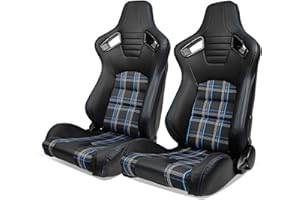 IKON MOTORSPORTS, Universal Racing Seats with 14" Dual Sliders, Black PU W/Blue Stitching Blue Plaid & Carbon Leather Back Reclinable Sport Bucket Seats for Cars, 1 Pair Driver Passenger Side 2PC