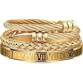 WFYOU 3PCS Stainless Steel Bracelets for Men Gold Roman Numeral Bangle Bracelet Twisted Cable Bracelet Adjustable Cuff Bracelet Mens Luxury Jewelry Bracelets Gifts